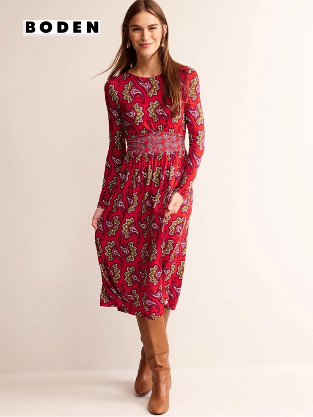 Boden Thea Long Sleeve Midi Dress 10R Red Multi Paisley Boho Chic Modest Work